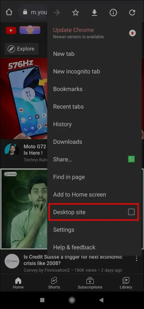 Select Desktop Site on Chrome (Android)