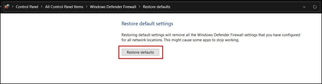 Restore Firewall Settings