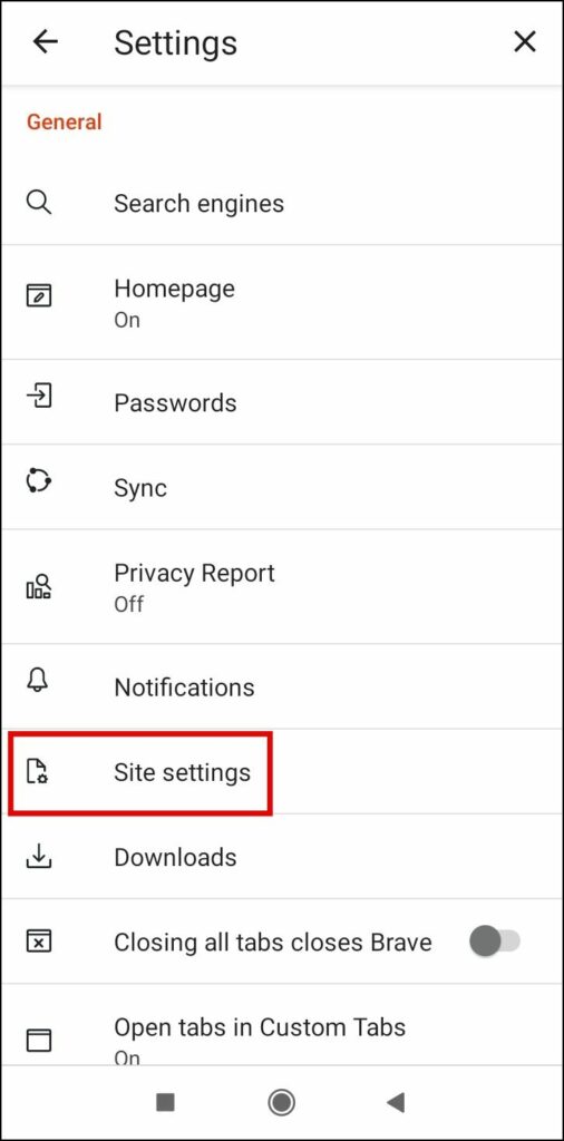 Brave Site Settings Android