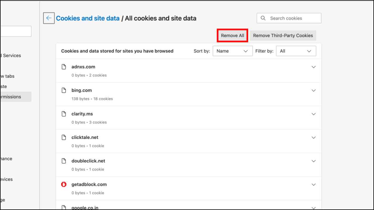 Clear All Cookies, and Other Site Data