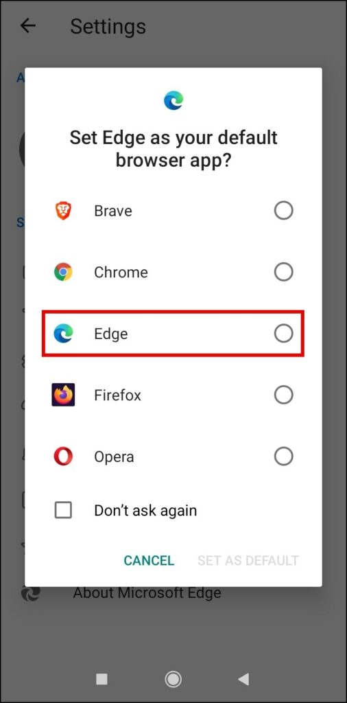 Make Edge Default on Android From the Edge app's settings