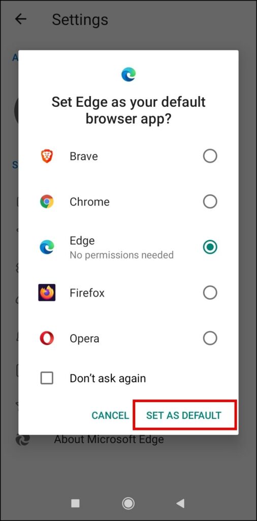 Make Edge Default on Android From the Edge app's settings