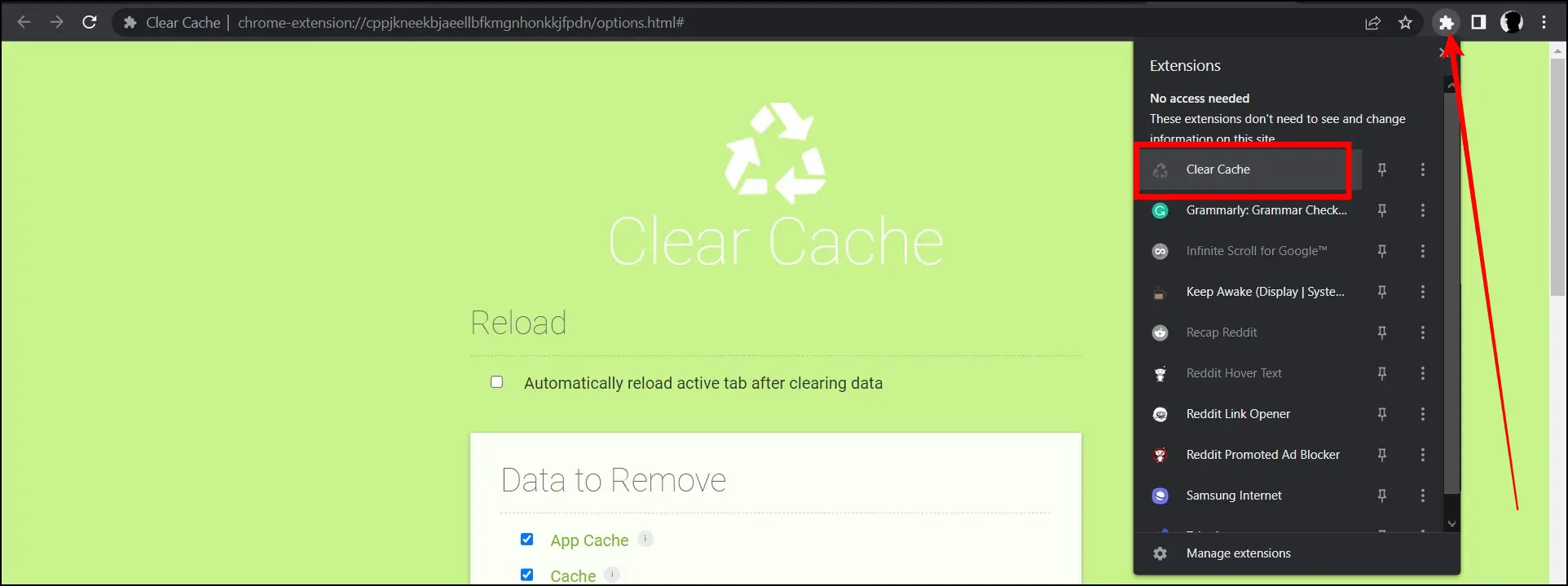 Clear Cache Extension