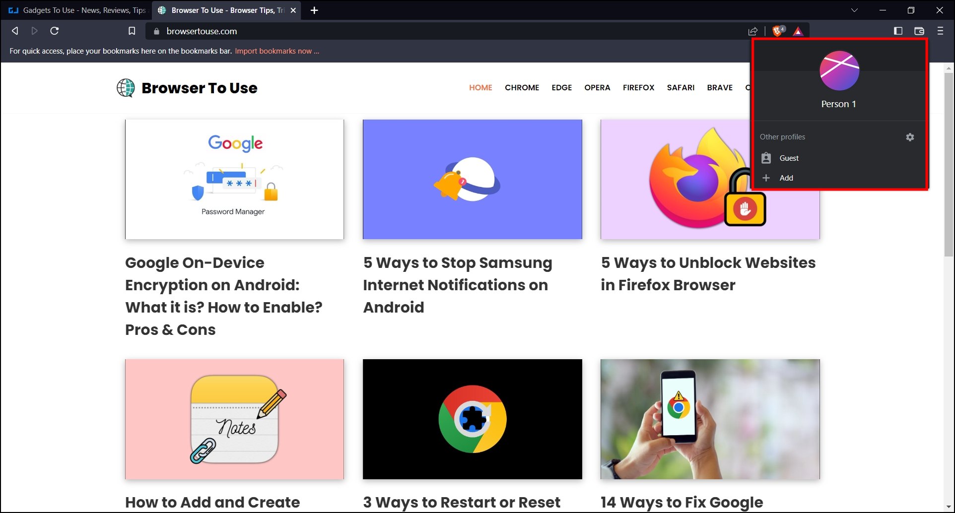 Open the Profile menu: Keyboard Shortcuts to Use in Brave Browser