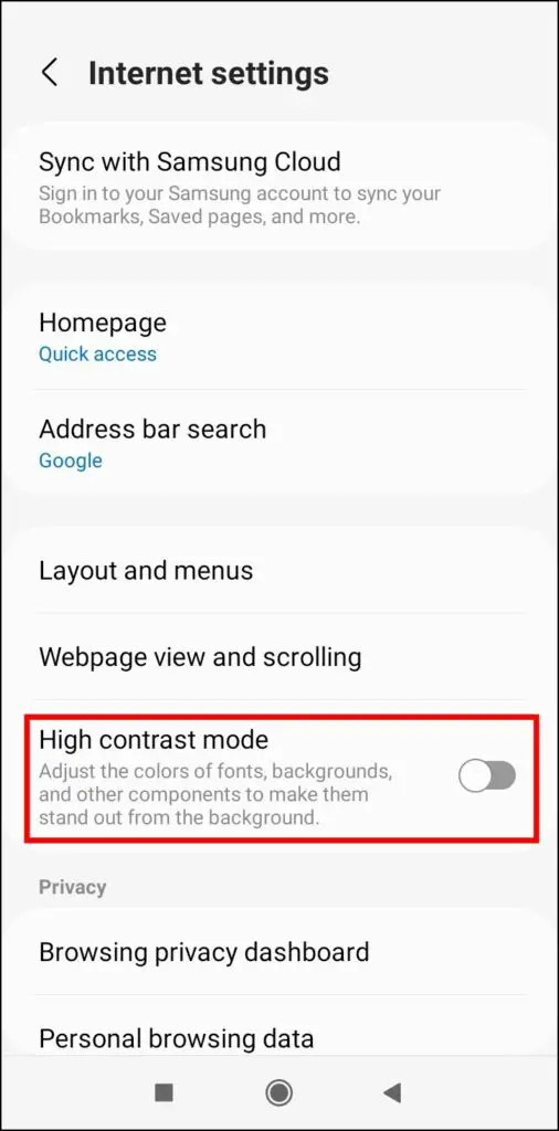 High Contrast Mode (Top 22 Samsung Internet Tips and Tricks on Android)