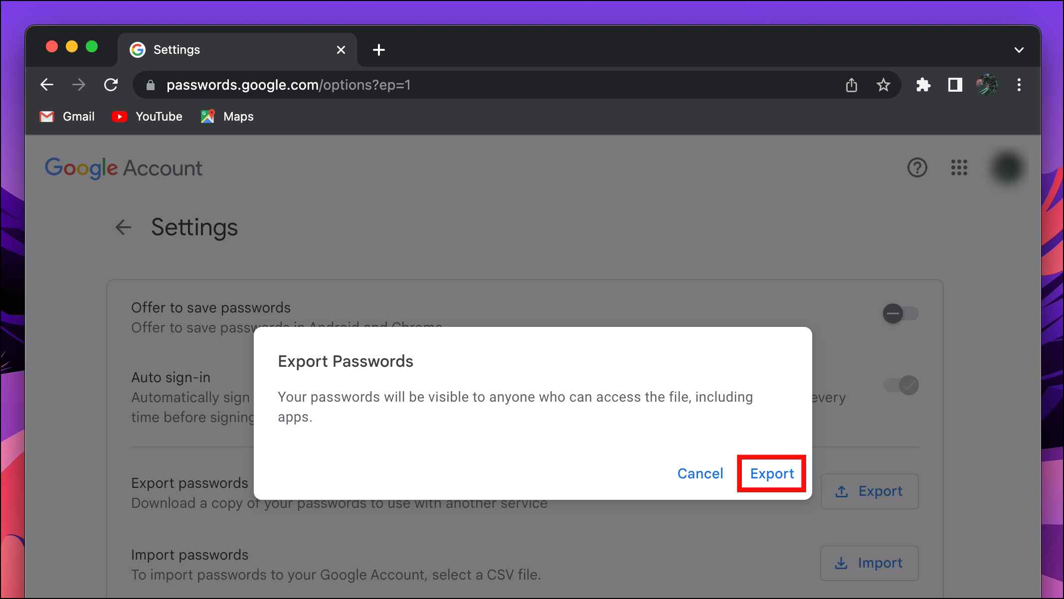 Export Passwords CSV Google Manager