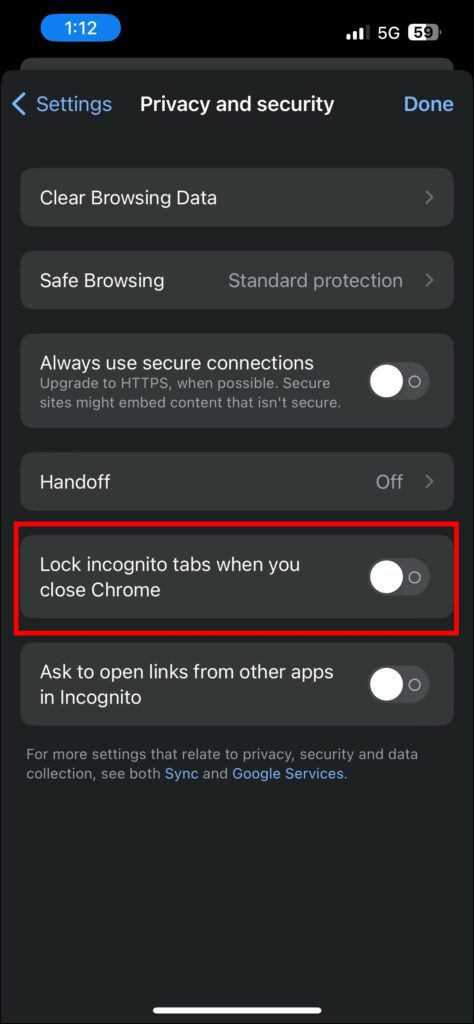 Enable the "Lock Incognito tabs when you close Chrome" Feature