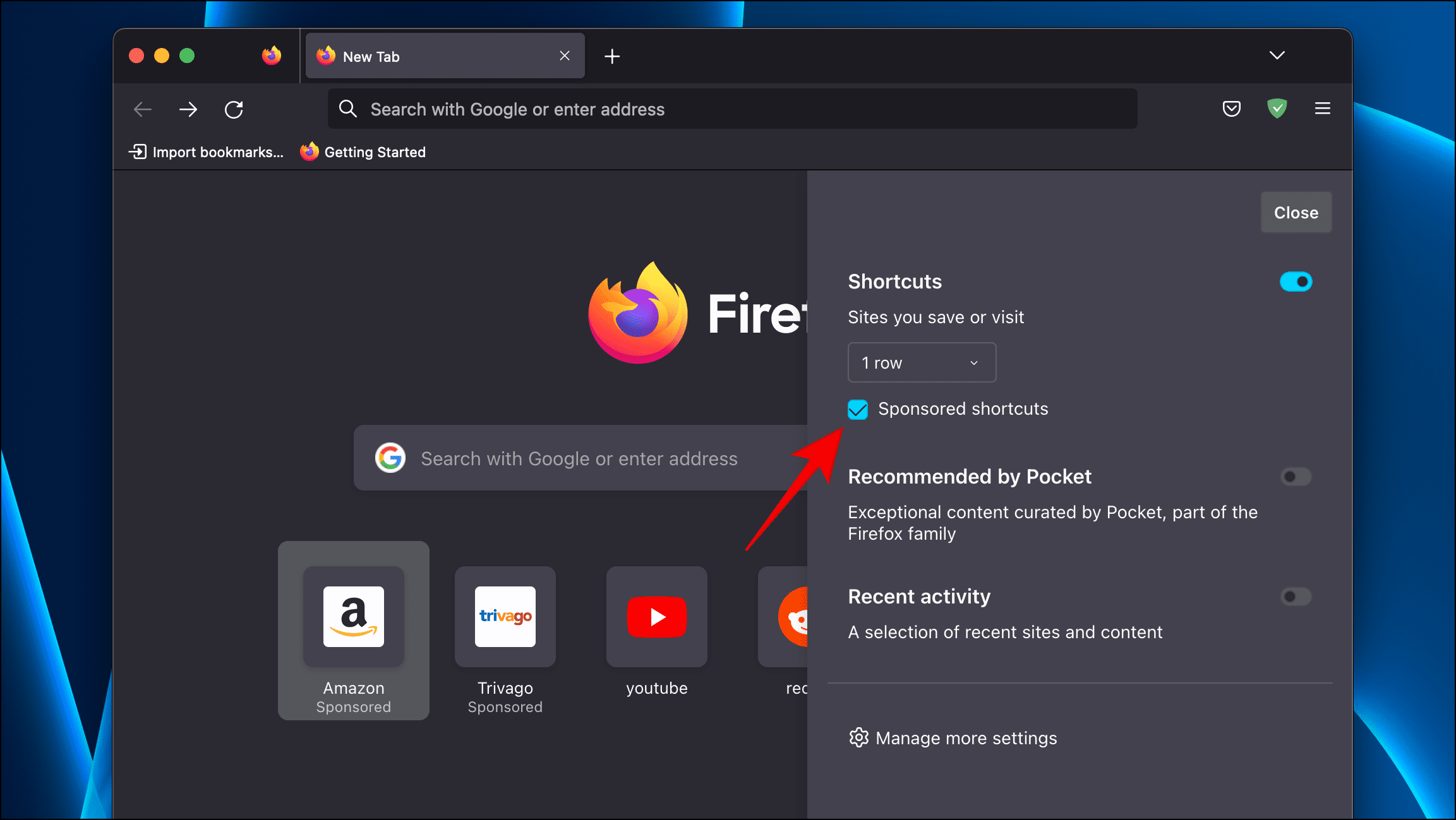 Turn Off Sponsored Shortcuts on Firefox Homepage