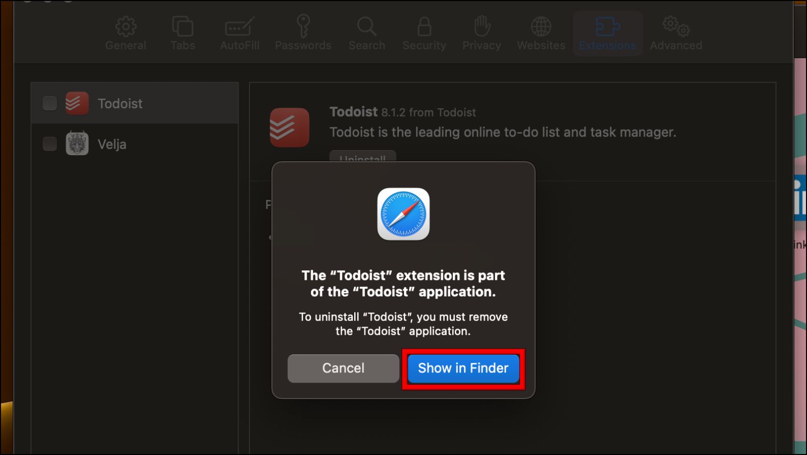 Delete Safari Extensions to Fix Dark Mode