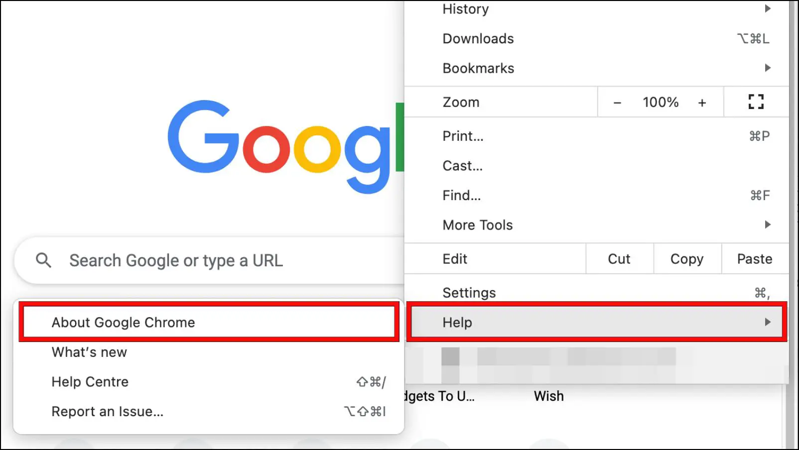 Go to About Chrome from the Help Option in Three Dot Menu