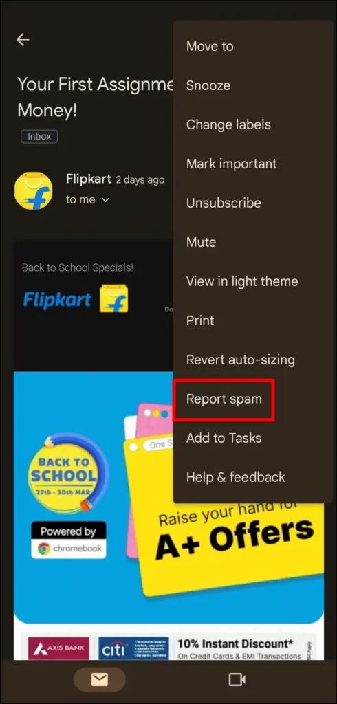 Mark Email as Spam to Stop Promotional Spam Emails from Flipkart