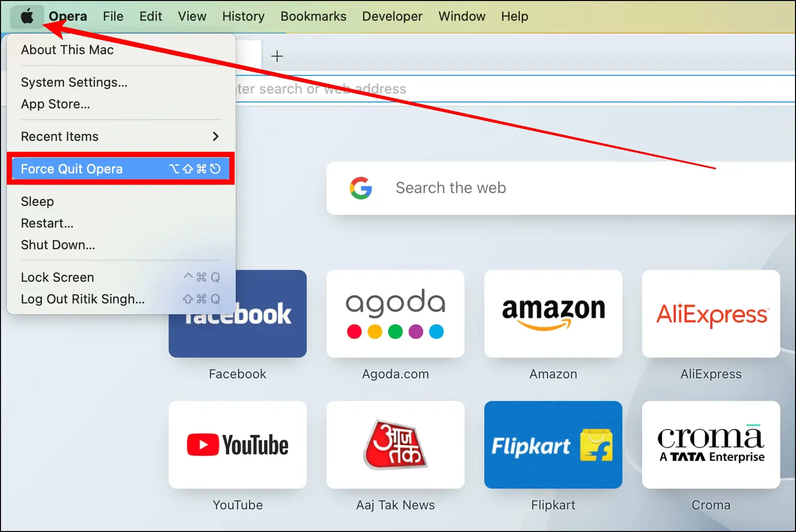 Force Close the Browser to Fix Opera Browser Not Opening on Mac