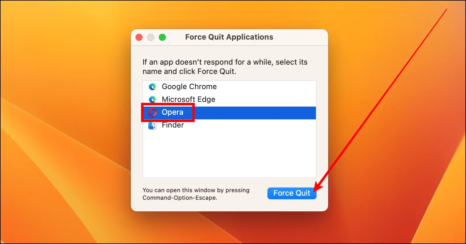 Force Close the Browser to Fix Opera Browser Not Opening on Mac