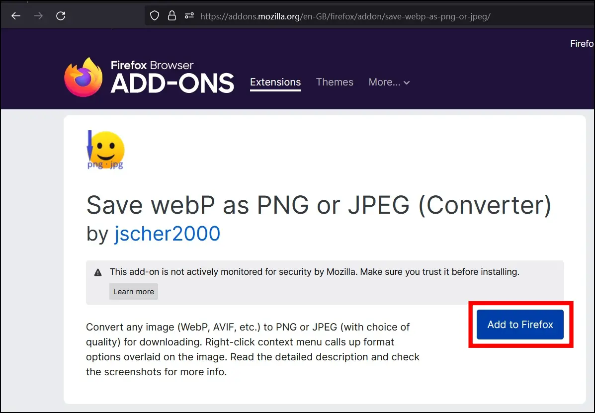 Using Save WebP as PNG or JPG Extension to Download WebP as JPG/ PNG in Firefox