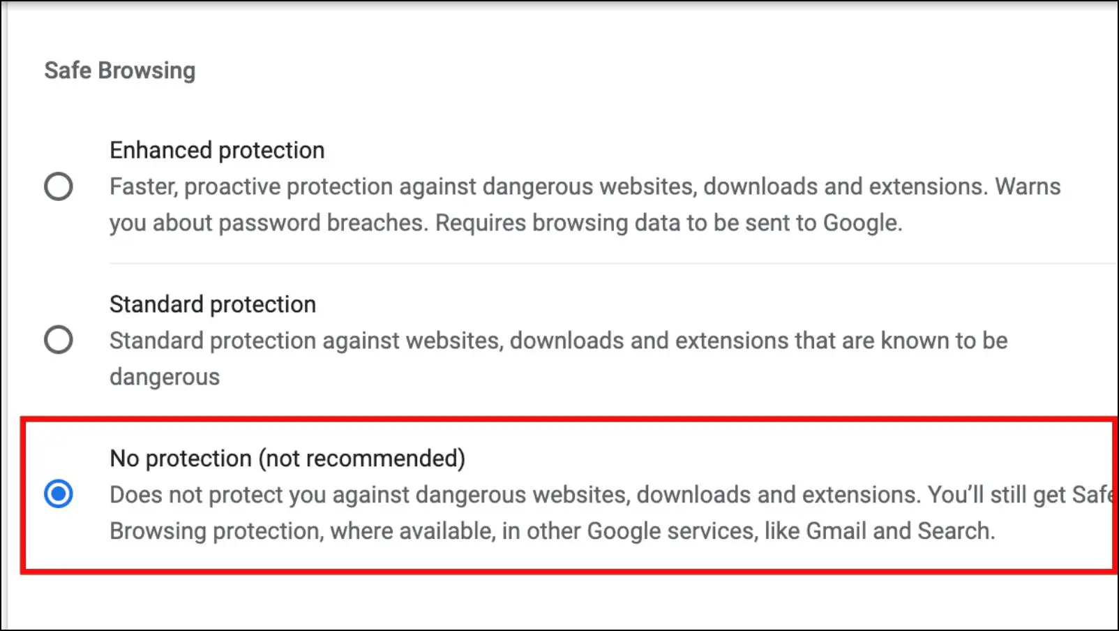 Disable Safe Browsing to Fix Failed Virus Detected