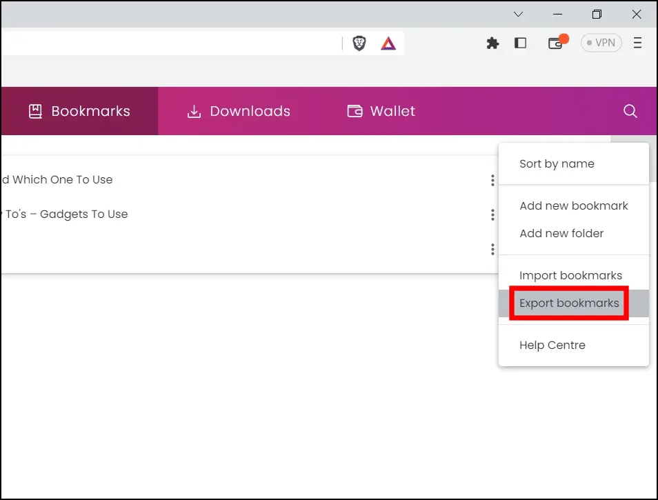 Export Bookmarks to HTML From Brave Browser