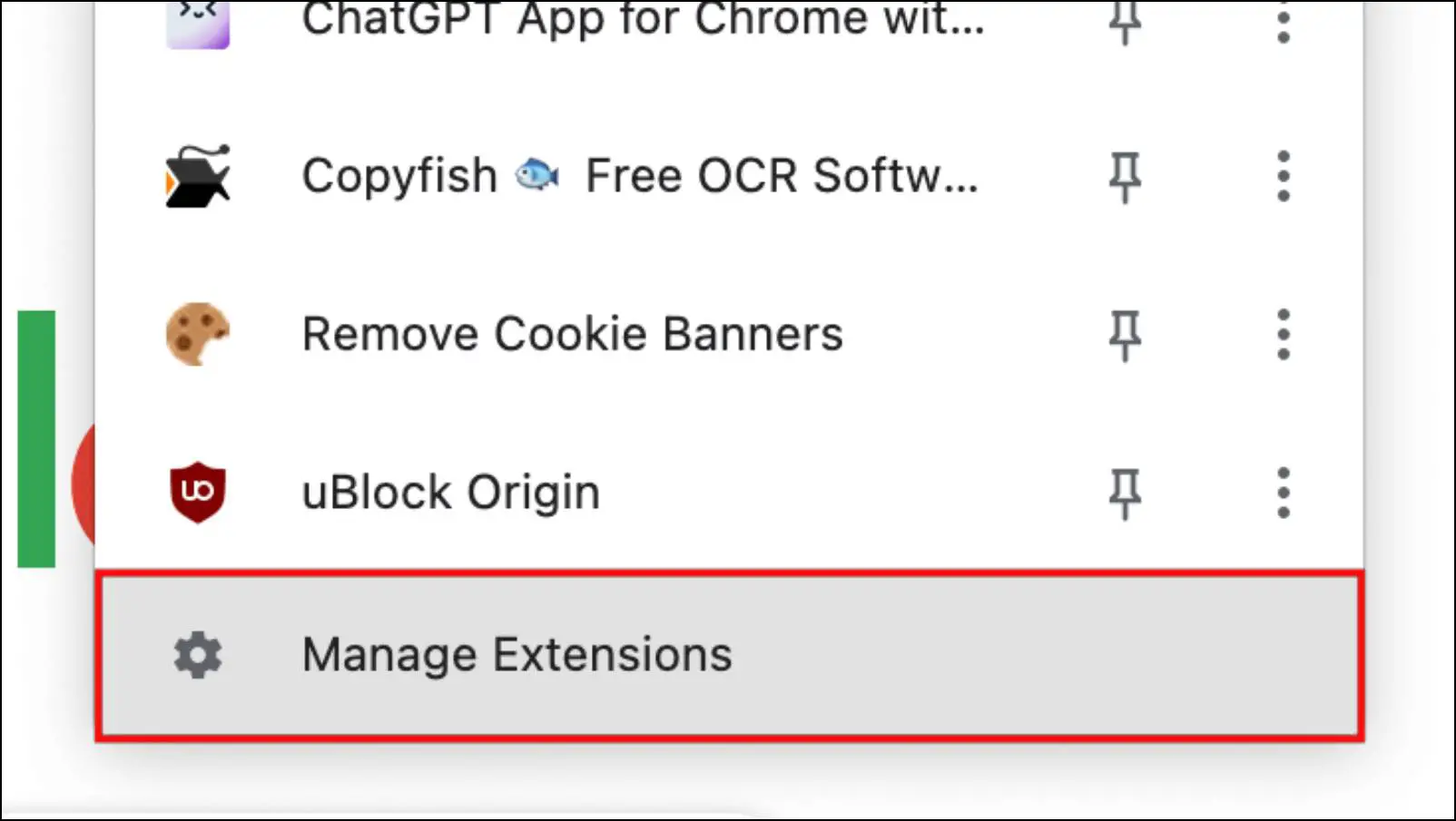 Selecting the Manage Extensions options at the bottom of the extensions list.