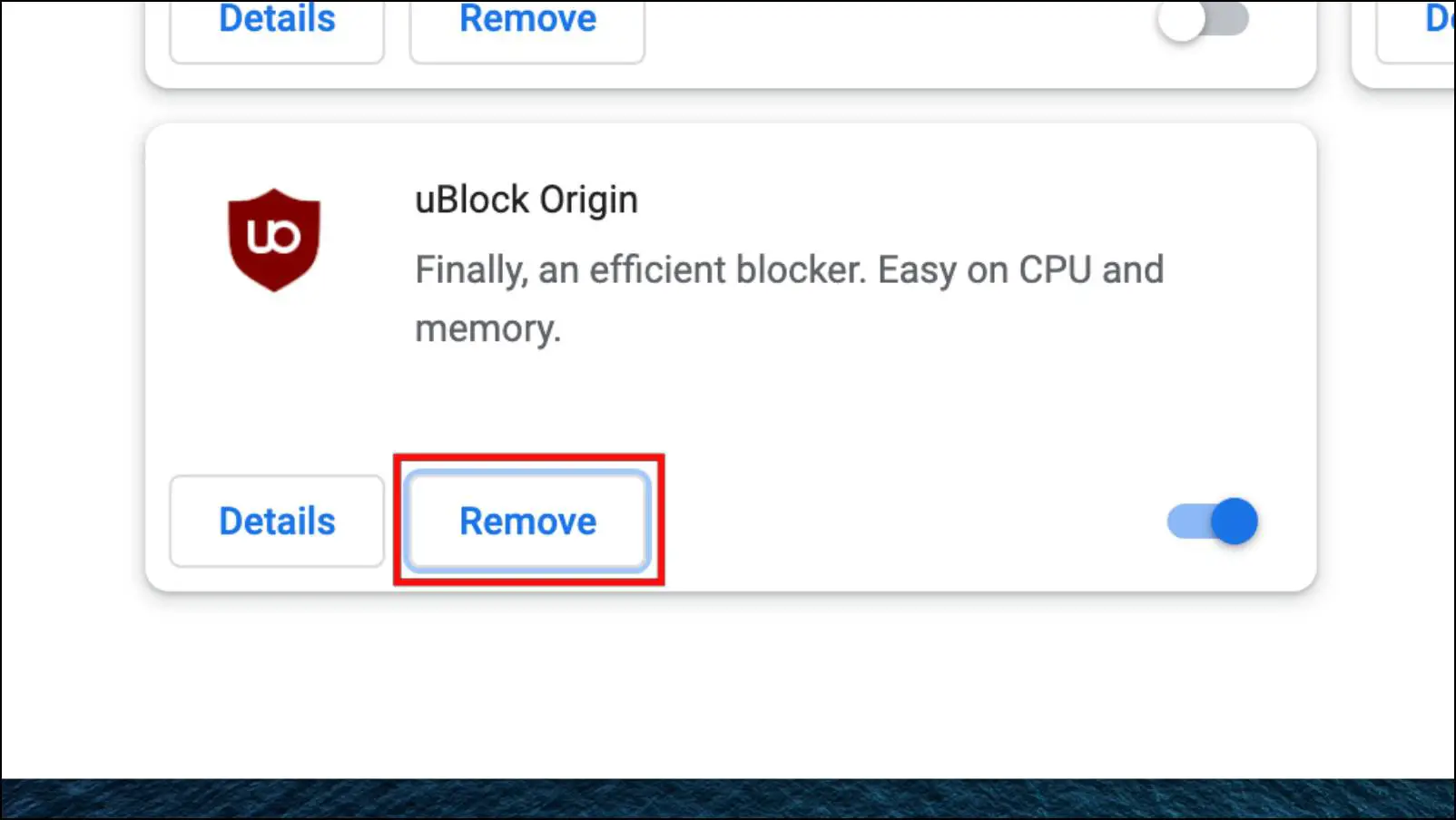 Clicking on the Remove button below an extension