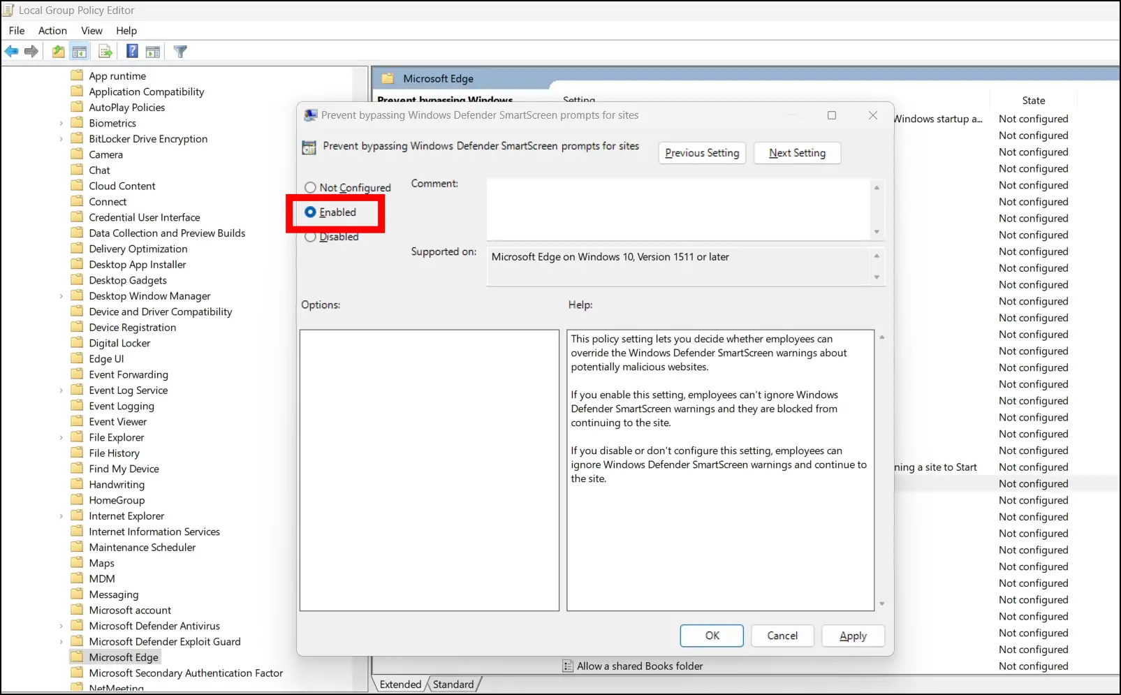 Remove the Bypass Option for Windows Defender SmartScreen Prompts To Tweak Edge Using Group Policy Editor in Windows