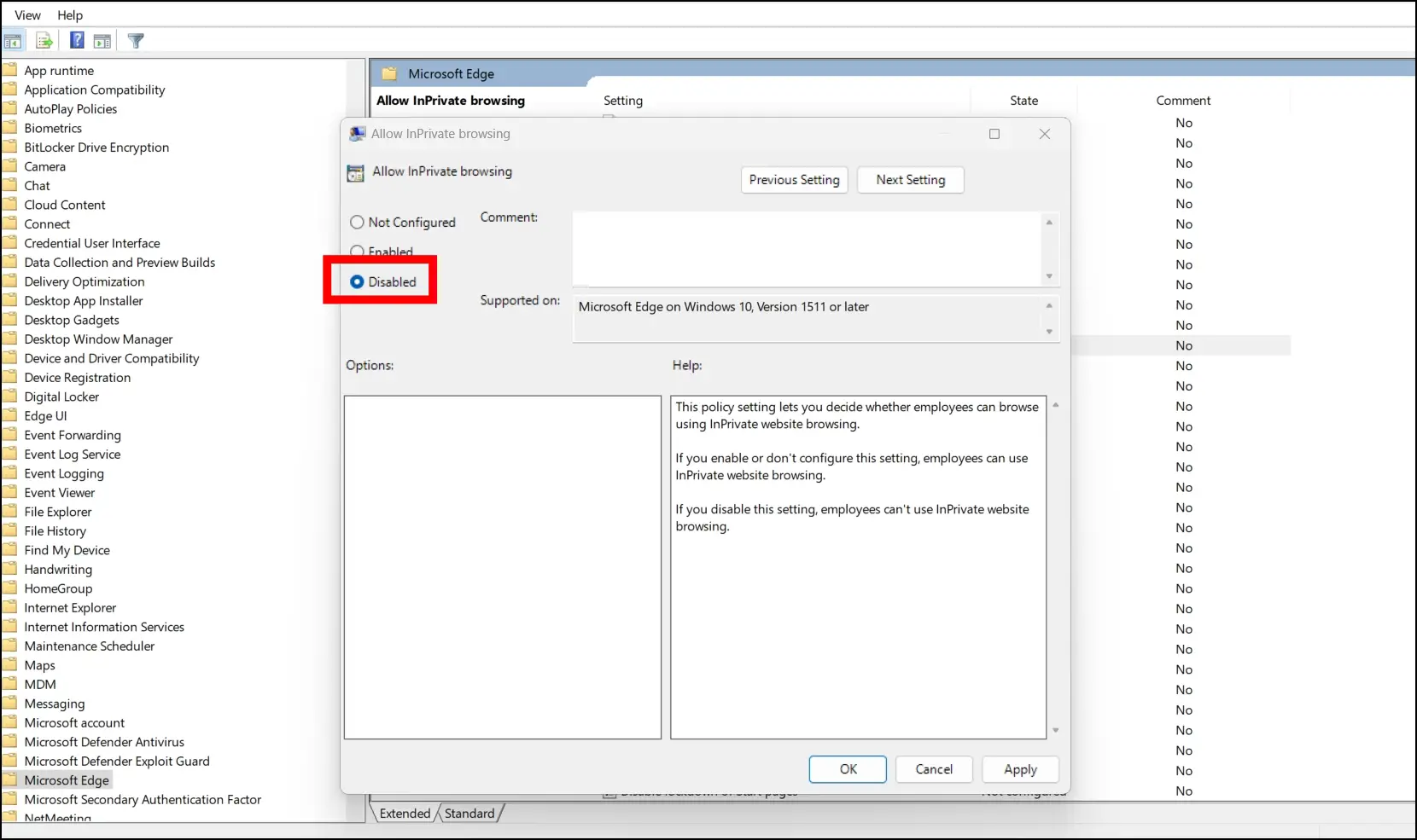 Disable InPrivate Browsing To Tweak Edge Using Group Policy Editor in Windows