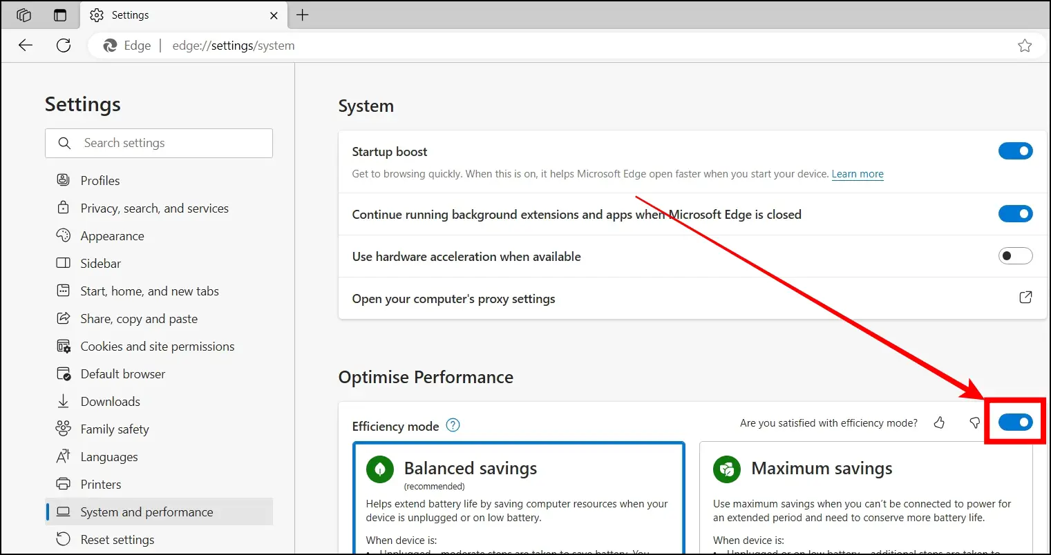 Turn Off Efficiency Mode From The Browser's Settings to Disable Efficiency Mode for Microsoft Edge