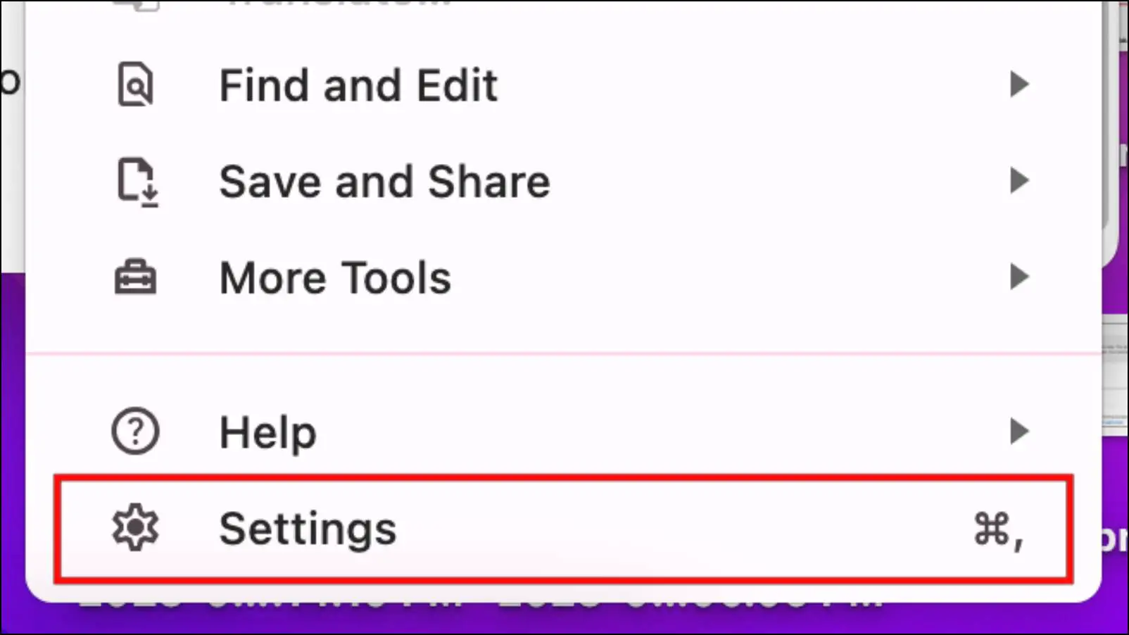 Selecting Settings option in Chrome