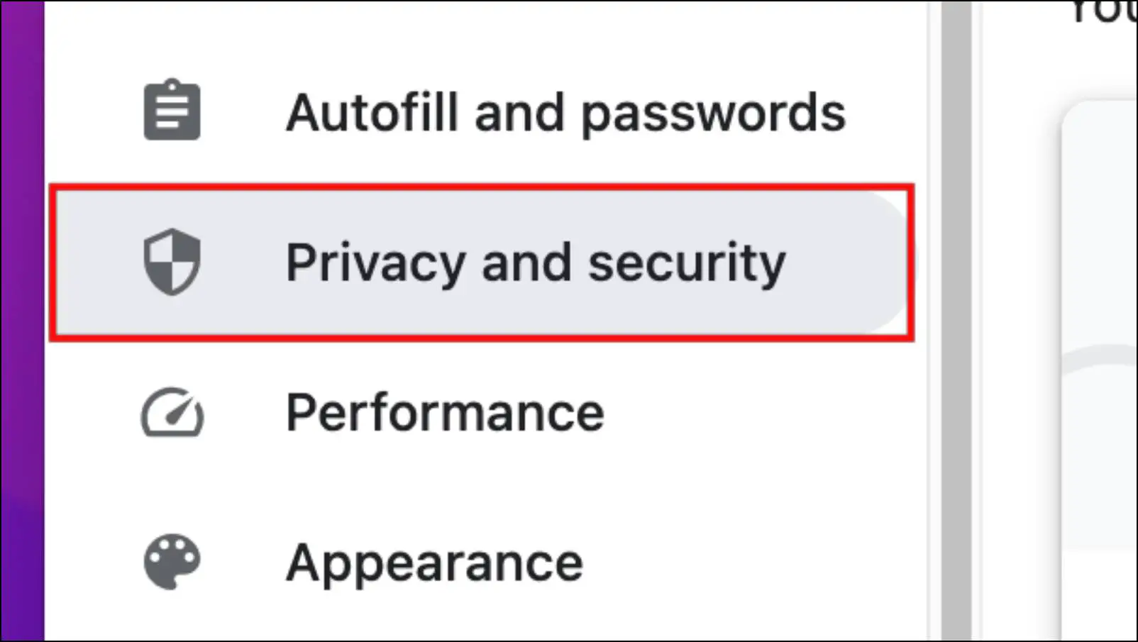 Go to Privacy and Security menu in Chrome
