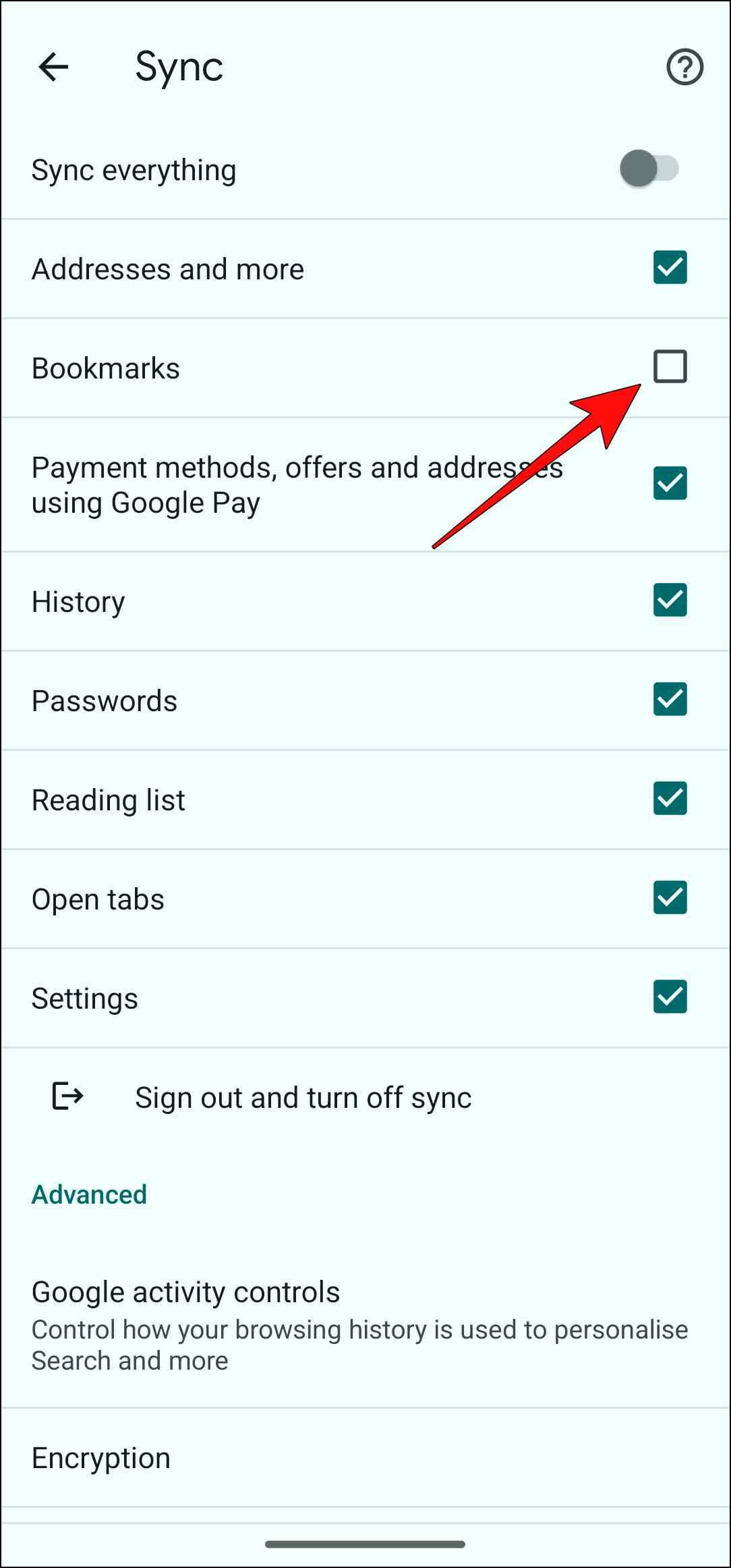 Turn Off Sync for Bookmarks