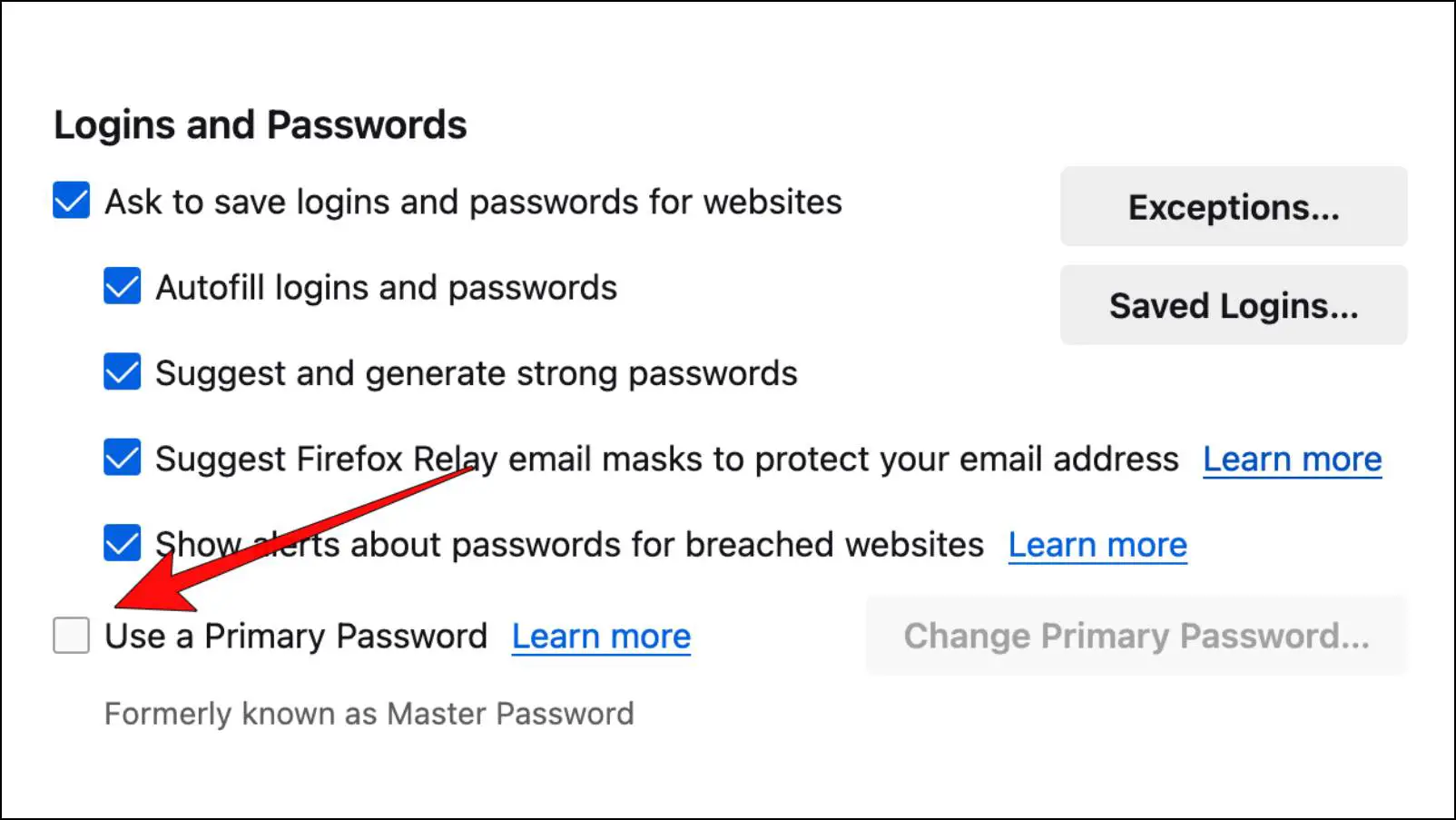 Select Primary Password for Firefox under Login and Passwords. 