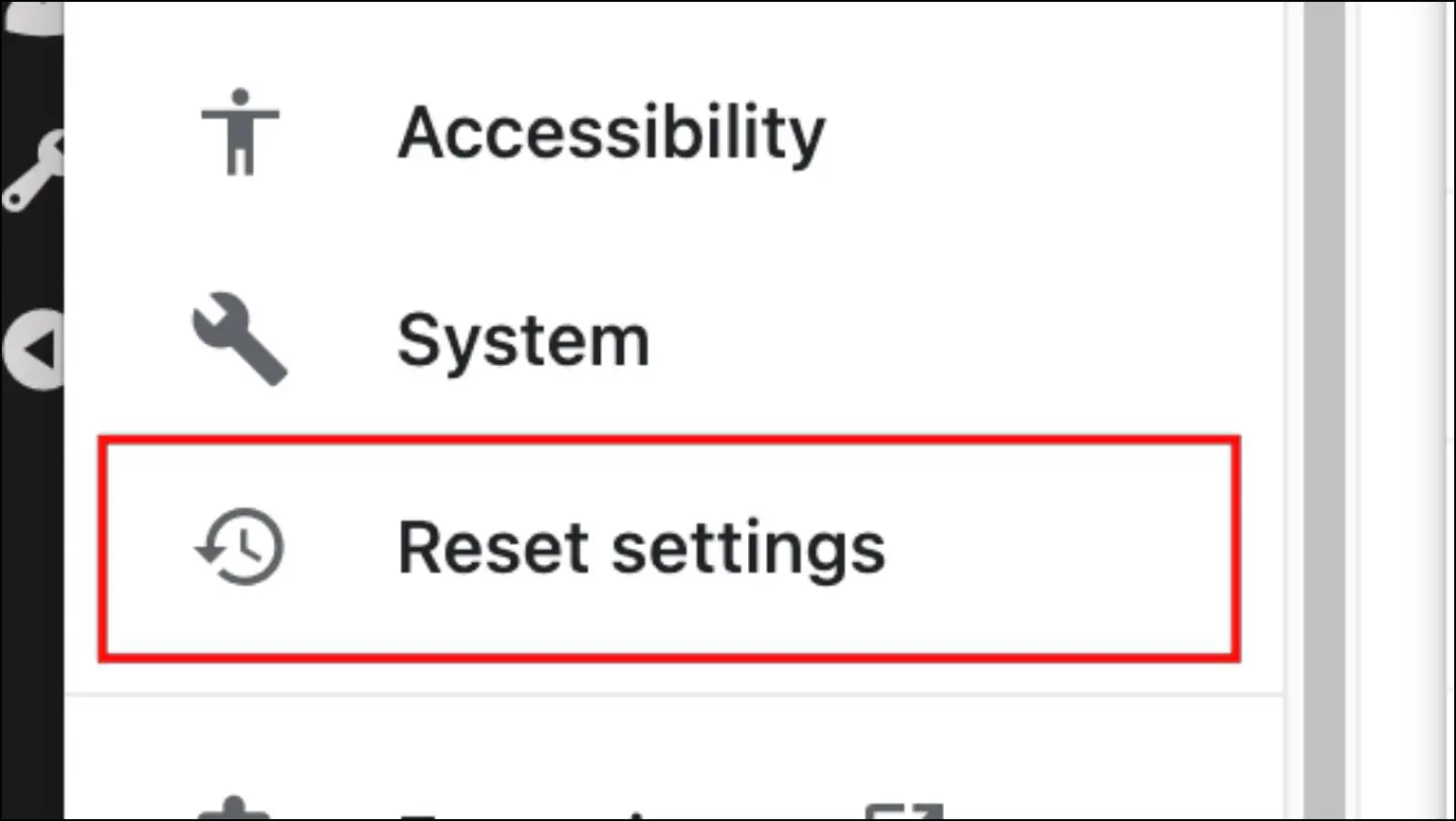 Pick Reset Settings from the Sidebar 