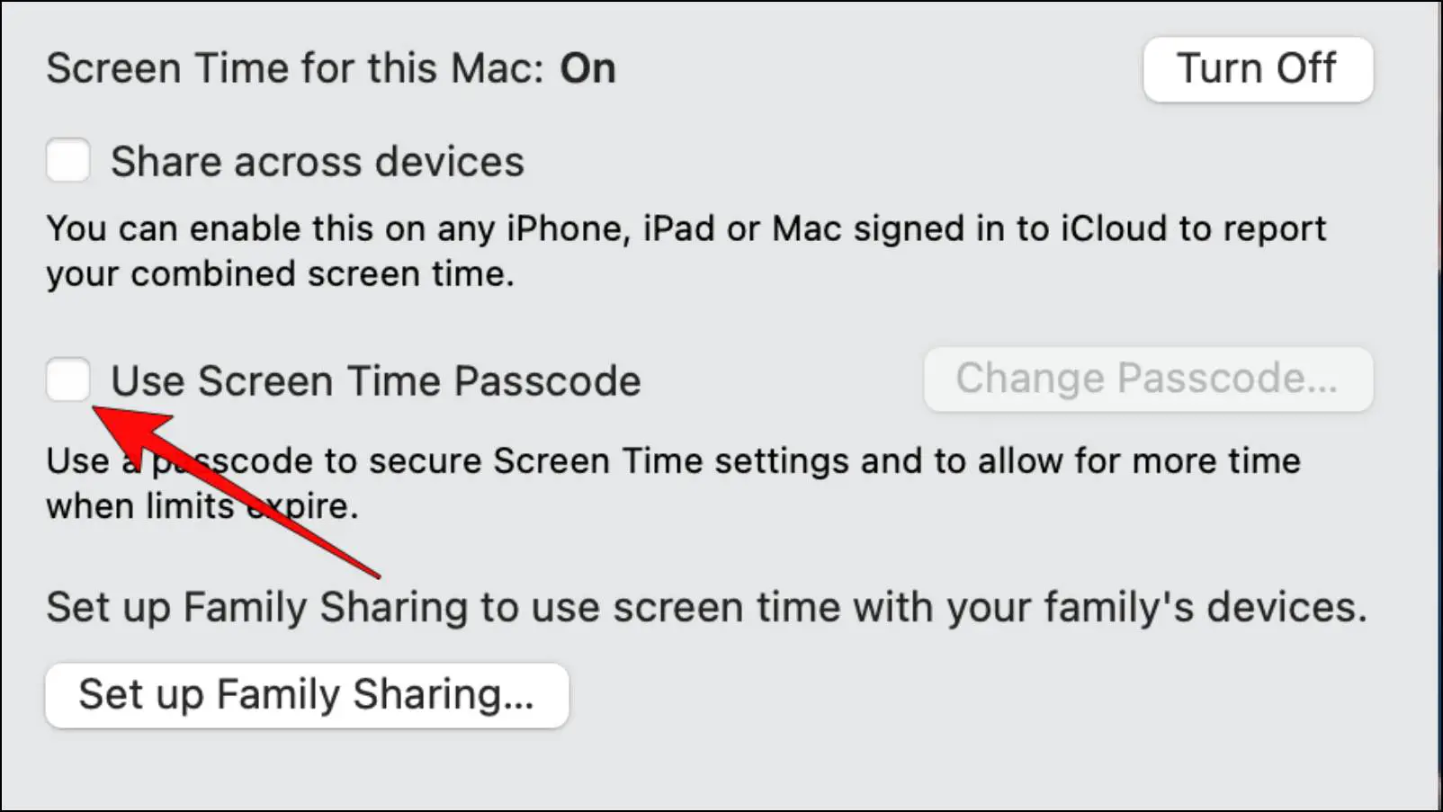 Selecting Screen Time Passcode option