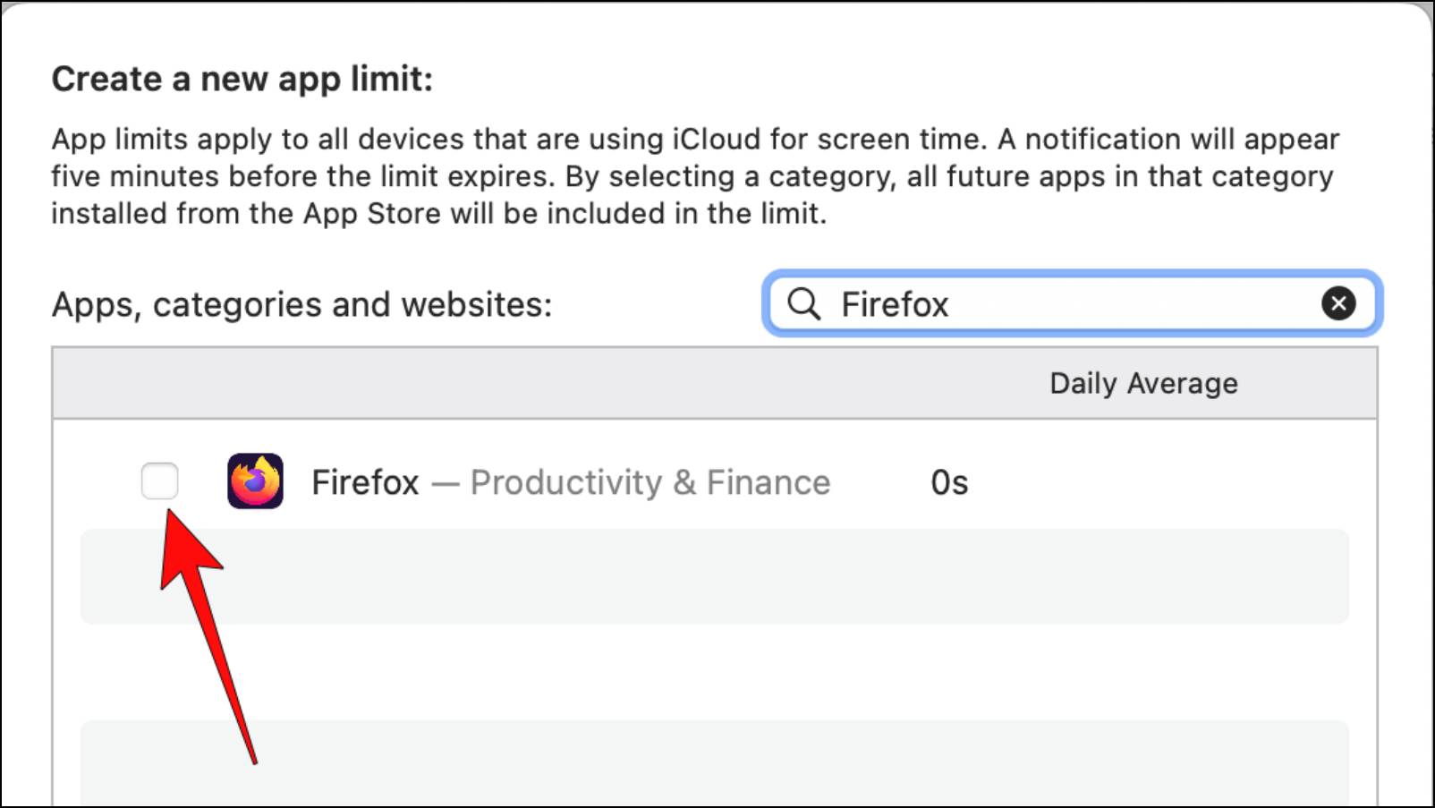 Selecting Firefox in App Limits menu