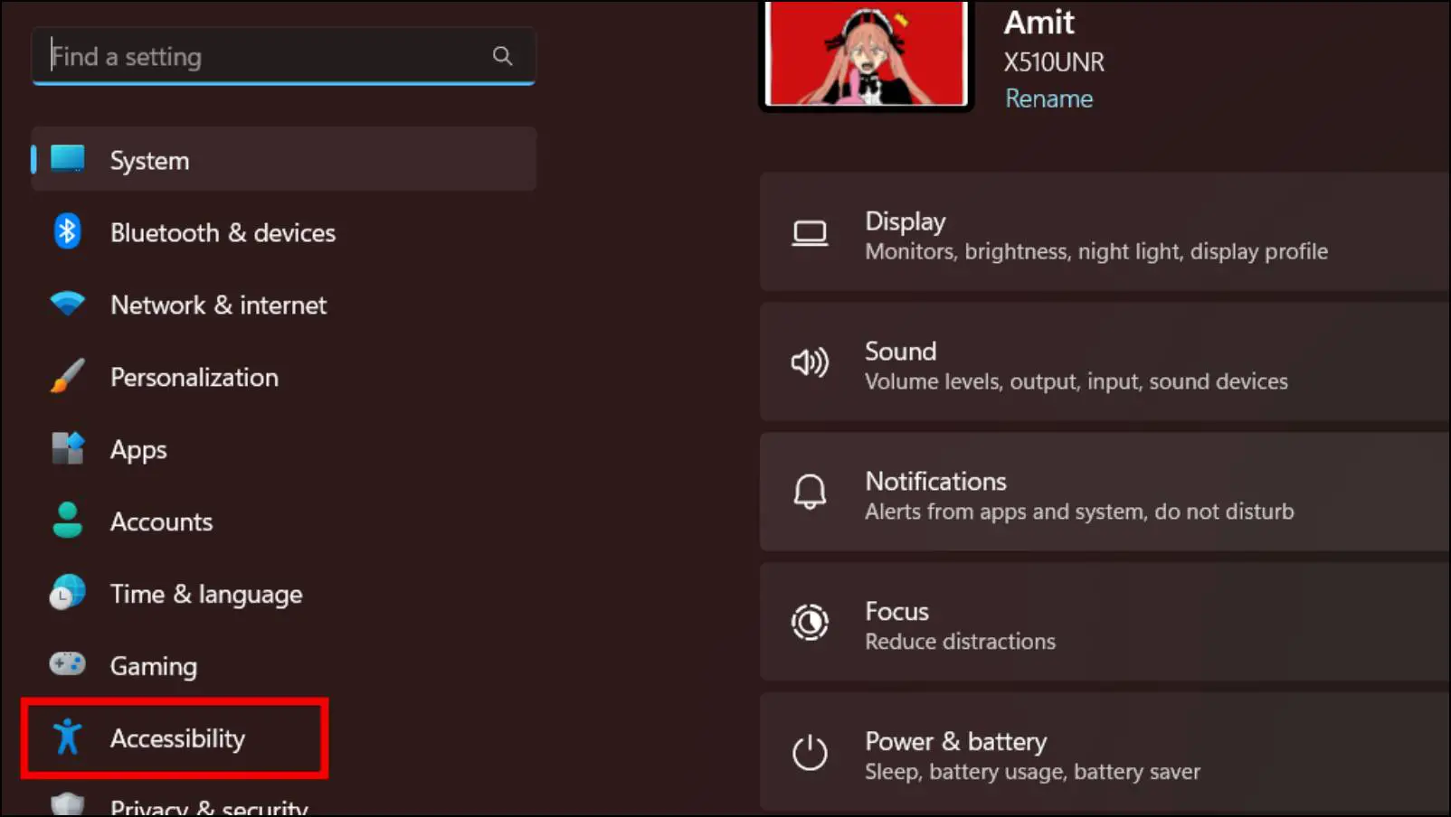 Go to the Accessibility Menu in Windows Settings
