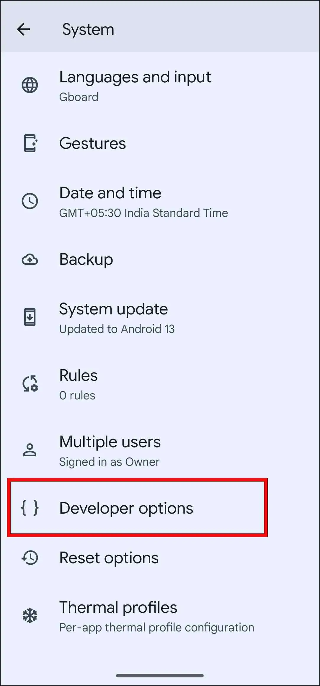 Go to Developer Options from System Menu in Android