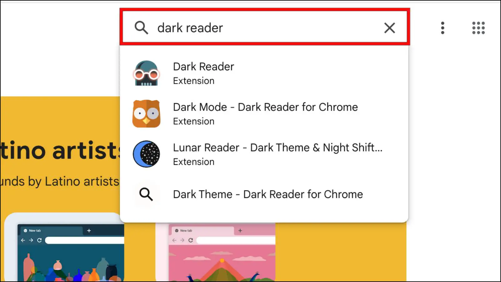 Searching Dark Reader in Chrome Web Store