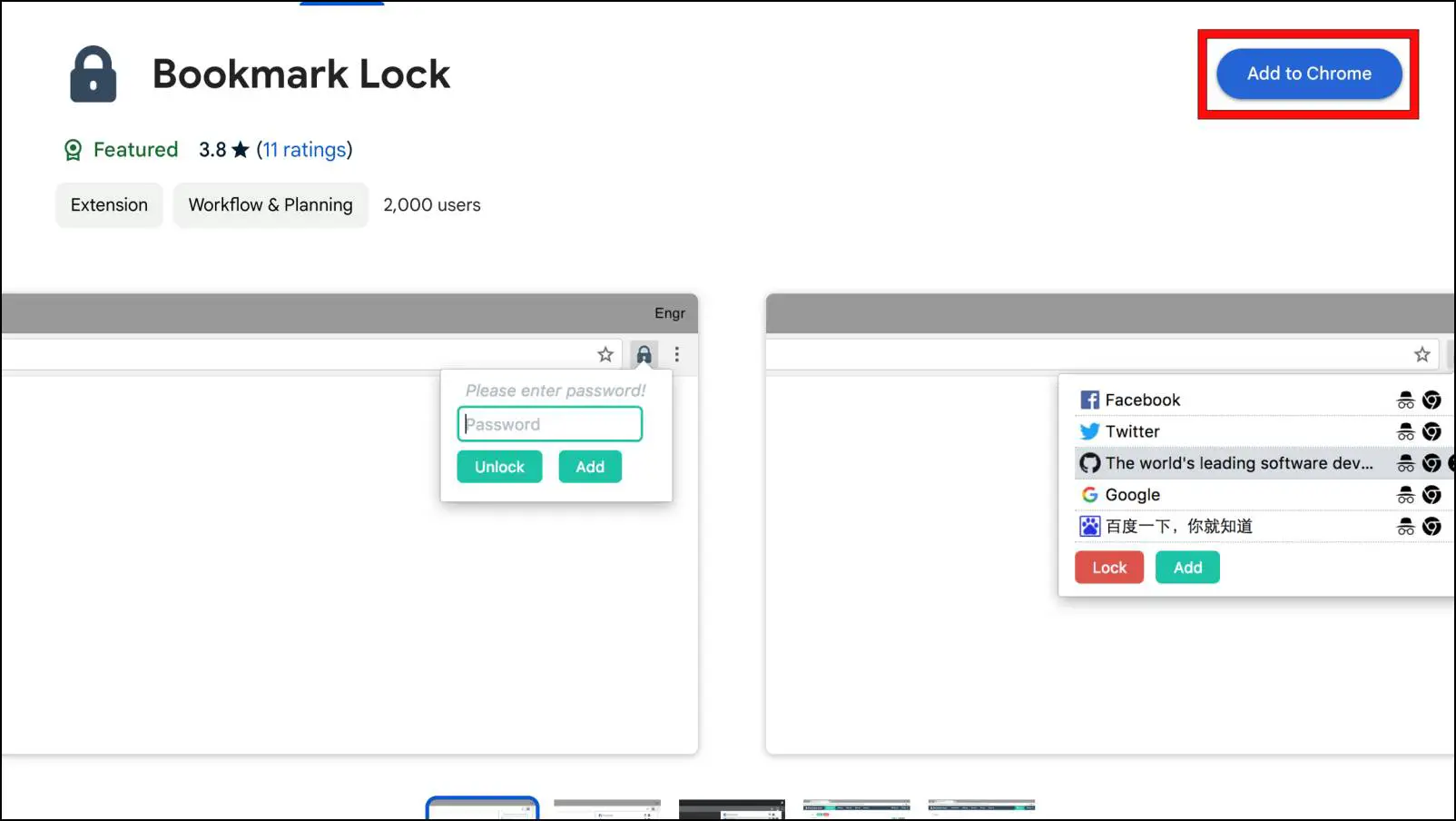 Add Lock Bookmarks Extension to Google Chrome