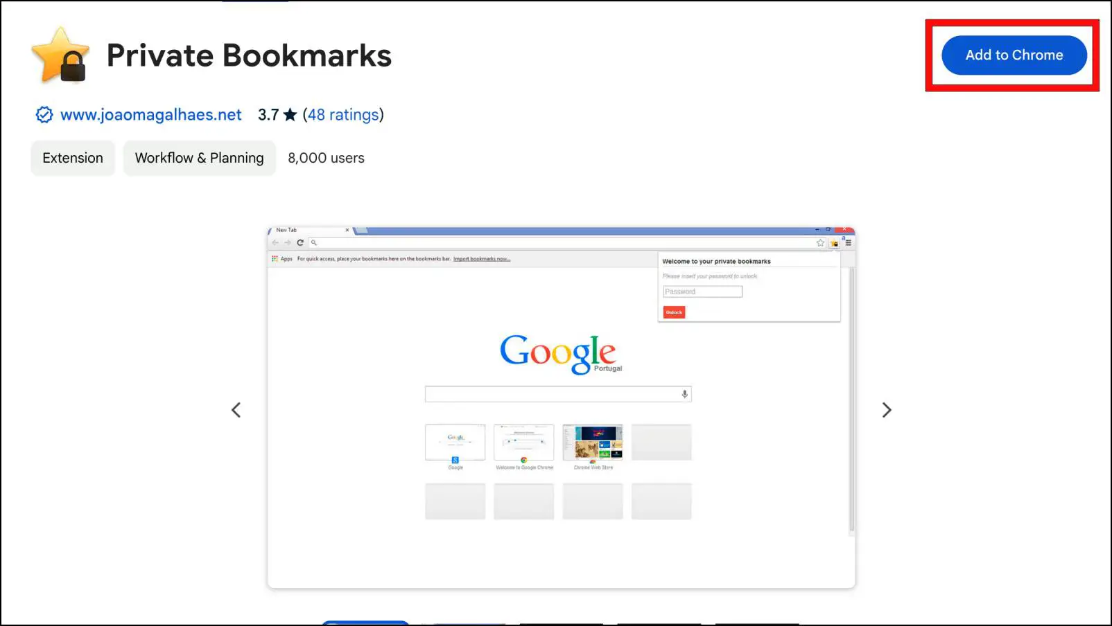 Click on Add to Chrome on Private Bookmarks List