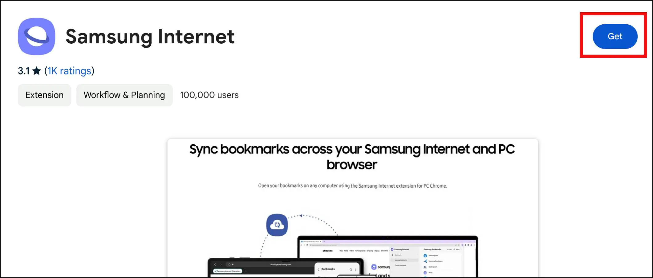 Download Samsung Internet Extension by Clicking on the Get Button
