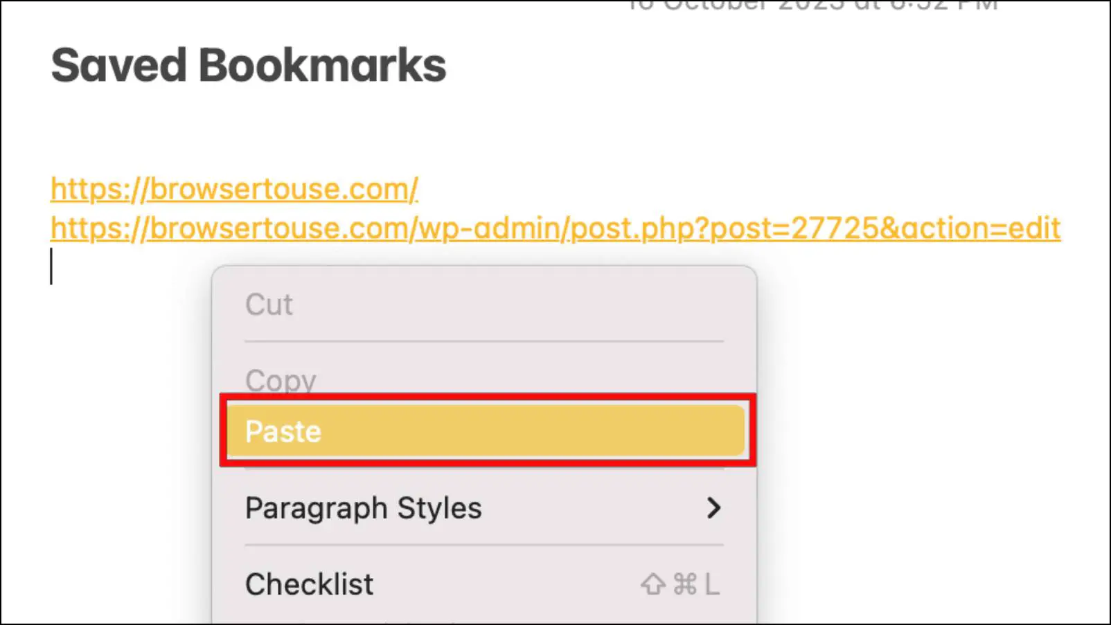 Paste the Copied Bookmarks in this Note
