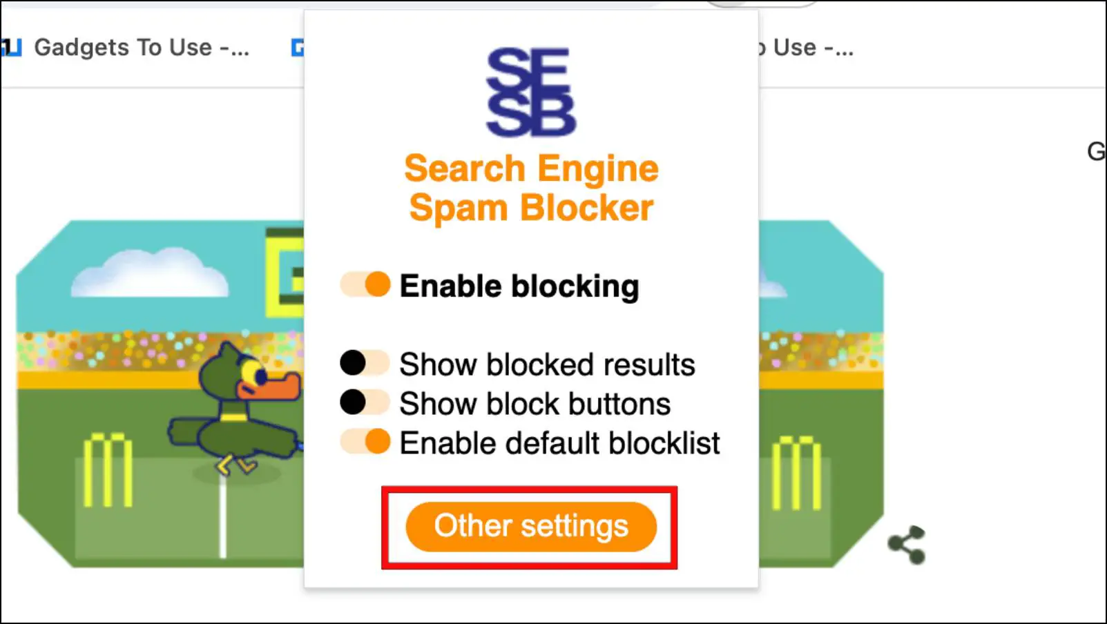 Go to Other Settings in Search Engine Spam Blocker Extension