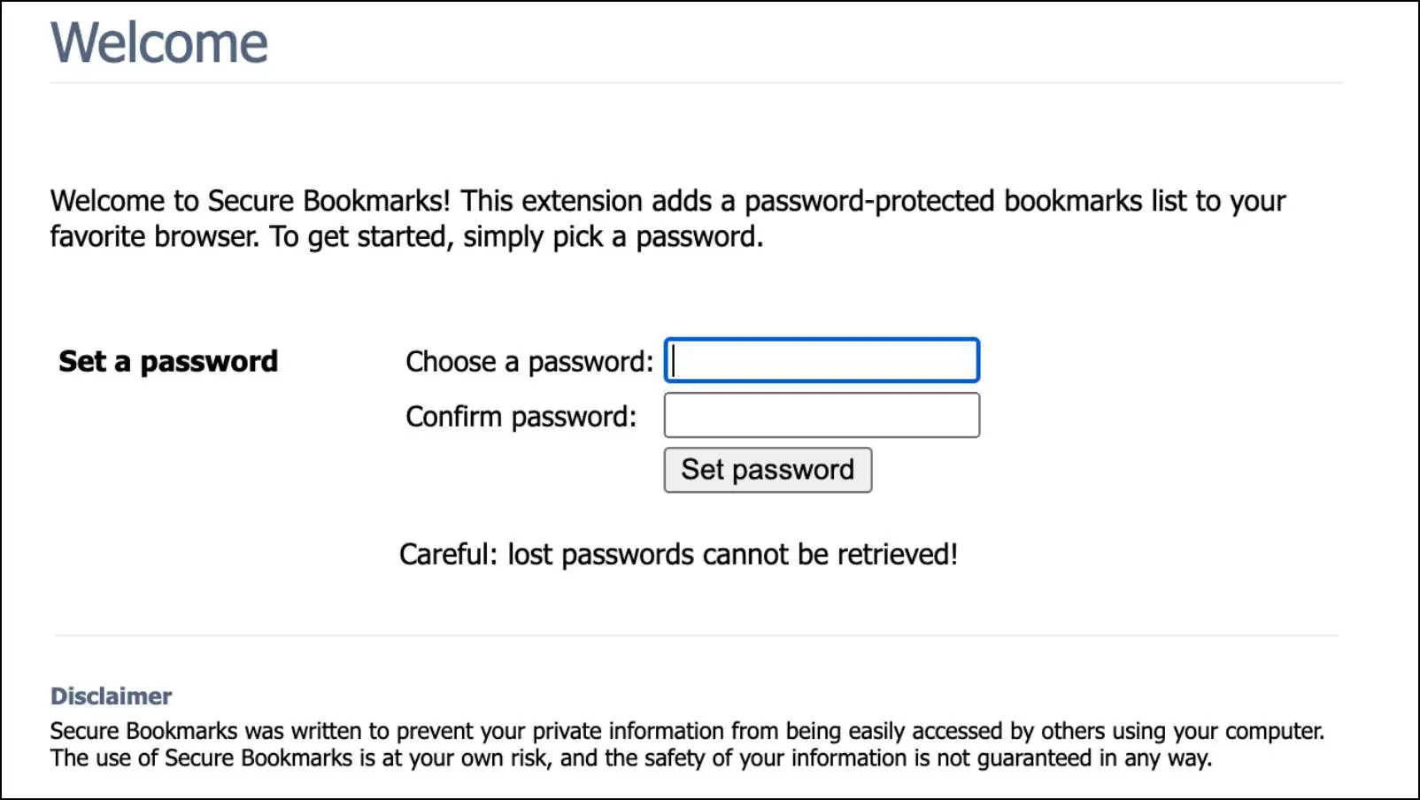Create a New Password to protect your Bookmarks