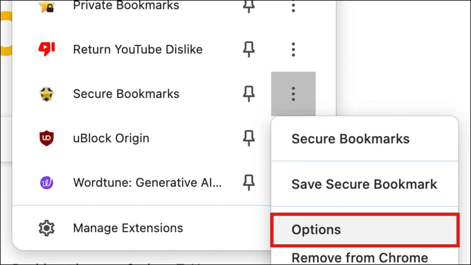 Go to Options for Secure Bookmarks