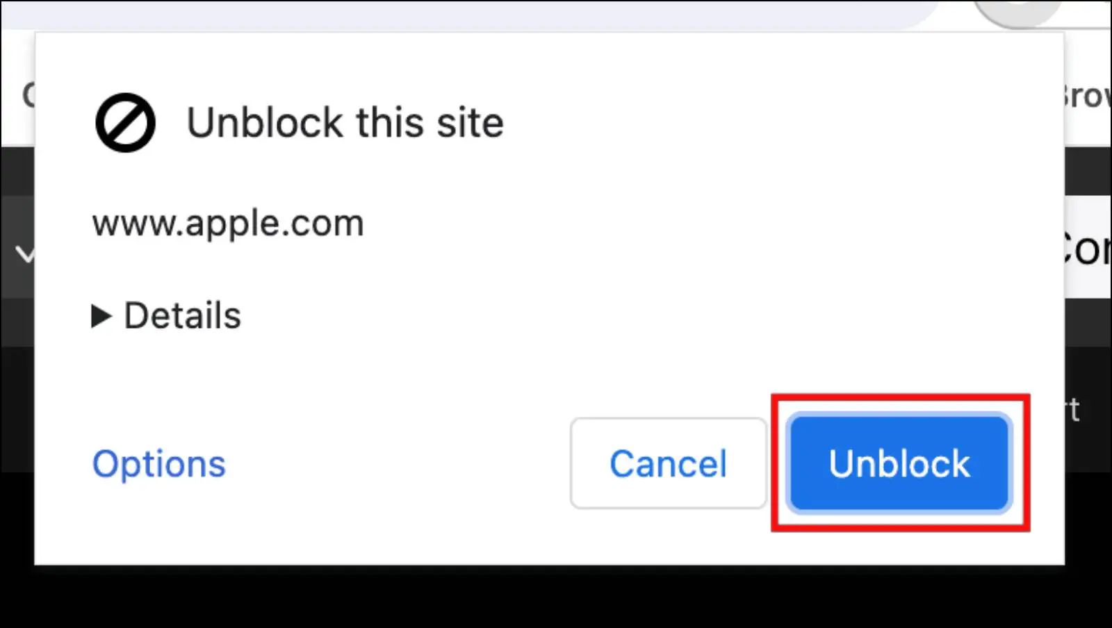 Unblock a Website by Choosing Unblock option